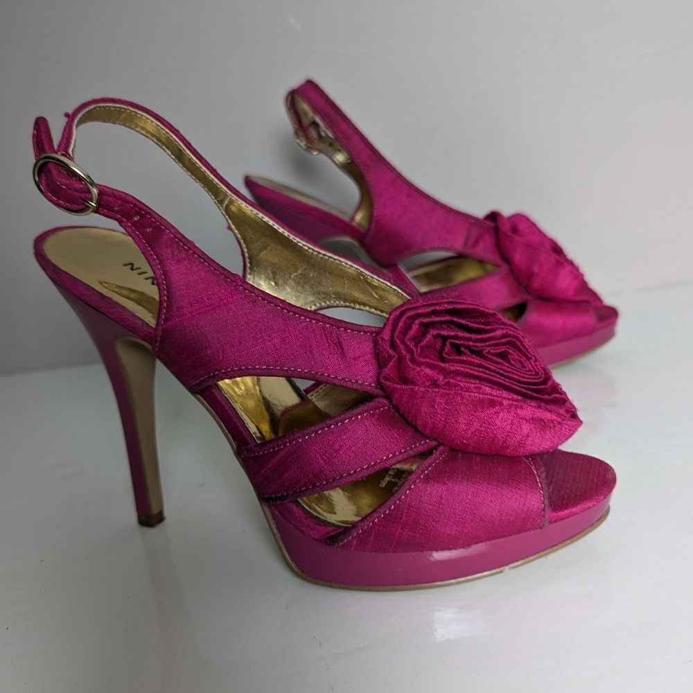 Nine West Fuchsia Silk Slingback Heels – Rosette Front, Size 5, 4” Stiletto